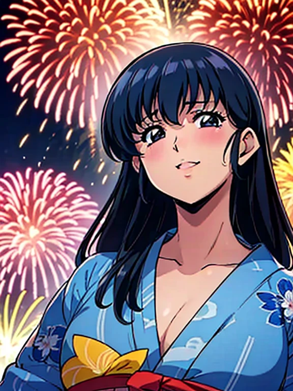 masterpiece, Highest quality,Katsuragi Misato,Navy Blue Hair, One girl,Beautiful Eyes,yukata,Upper Body,sexy,Open chest,Big Breasts,Fireworks display