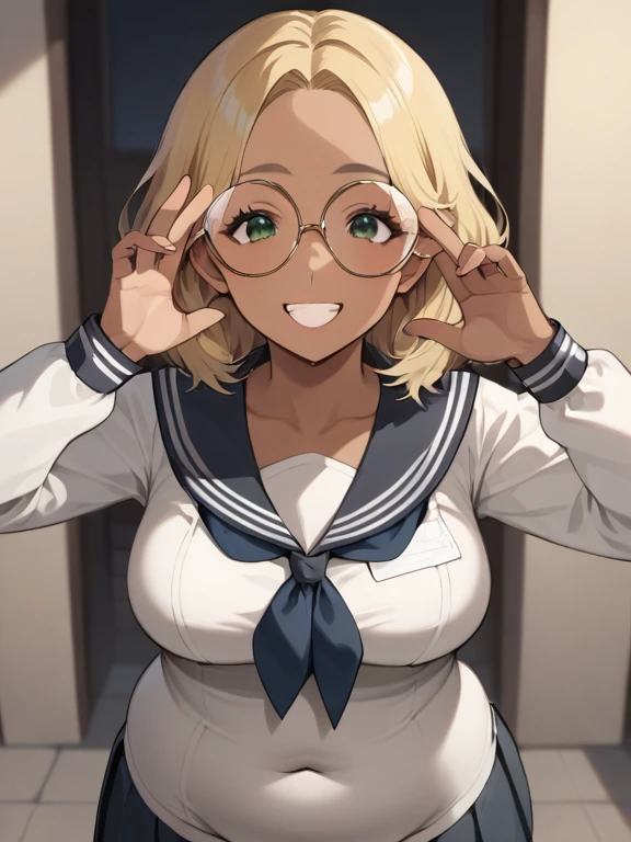   score_9,   score_8_up,   score_7_up, anime break，  High image quality  ，Tanned Gal，blonde， very chubby girl ，blonde with green eyes,   Medium Length Hair  ，Open forehead，Round face， has a smiling face，Ample breasts，  black square frame glasses Greek goddess，  long sleeve sailor suit  ，  Short Pleated Skirts  ，Ancient Greece，Wet Skin，A clever gesture，Accurate and detailed female fingers，Halloween Hats，，