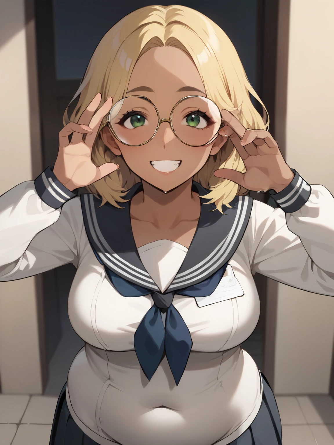   score_9,   score_8_up,   score_7_up, anime break，  High image quality  ，Tanned Gal，blonde， very chubby girl ，blonde with green eyes,   Medium Length Hair  ，Open forehead，Round face， has a smiling face，Ample breasts，  black square frame glasses Greek goddess，  long sleeve sailor suit  ，  Short Pleated Skirts  ，Ancient Greece，Wet Skin，A clever gesture，Accurate and detailed female fingers，Halloween Hats，，