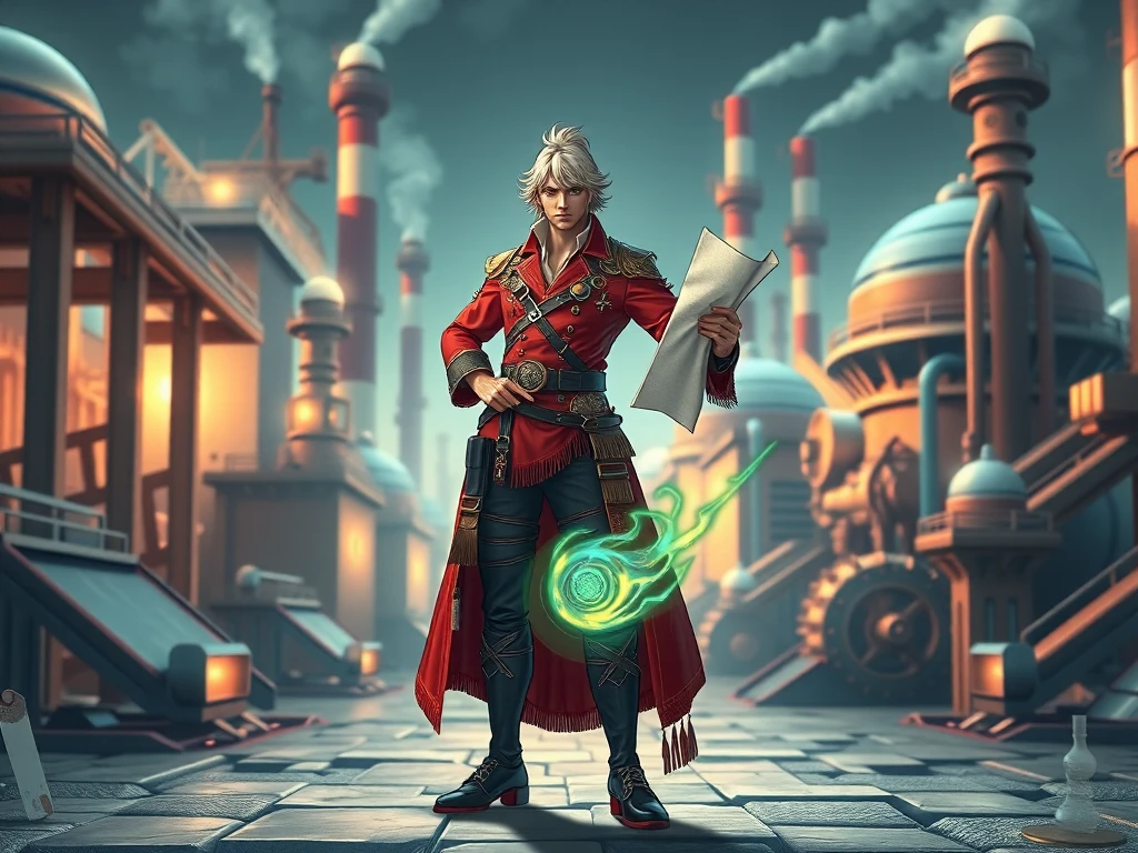 Create a vibrant manhwa thumbnail for the story 'I Build an Industrial Empire on the Magic Continent.' Show the main character in a fantasy-meets-industrial setting. The protagonist stands confidently at the center, dressed in a mix of fantasy and steampunk-inspired attire, holding a blueprint or a mechanical gear, symbolizing his plans for industrial development. Behind him, depict a powerful cityscape blending smokestacks, gears, and industrial machinery alongside glowing magical runes or enchanted elements, symbolizing the fusion of magic and technology. Use dynamic colors and lighting with a sense of adventure and ambition, capturing a Korean manhwa art style