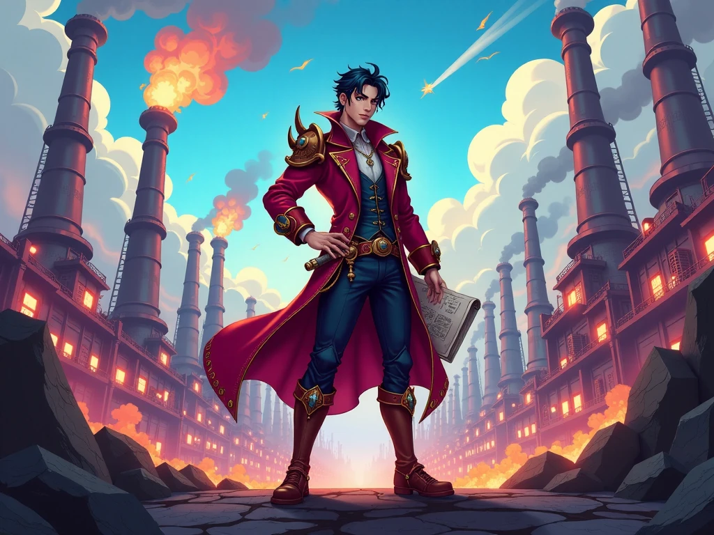 Create a vibrant manhwa thumbnail for the story 'I Build an Industrial Empire on the Magic Continent.' Show the main character in a fantasy-meets-industrial setting. The protagonist stands confidently at the center, dressed in a mix of fantasy and steampunk-inspired attire, holding a blueprint or a mechanical gear, symbolizing his plans for industrial development. Behind him, depict a powerful cityscape blending smokestacks, gears, and industrial machinery alongside glowing magical runes or enchanted elements, symbolizing the fusion of magic and technology. Use dynamic colors and lighting with a sense of adventure and ambition, capturing a Korean manhwa art style