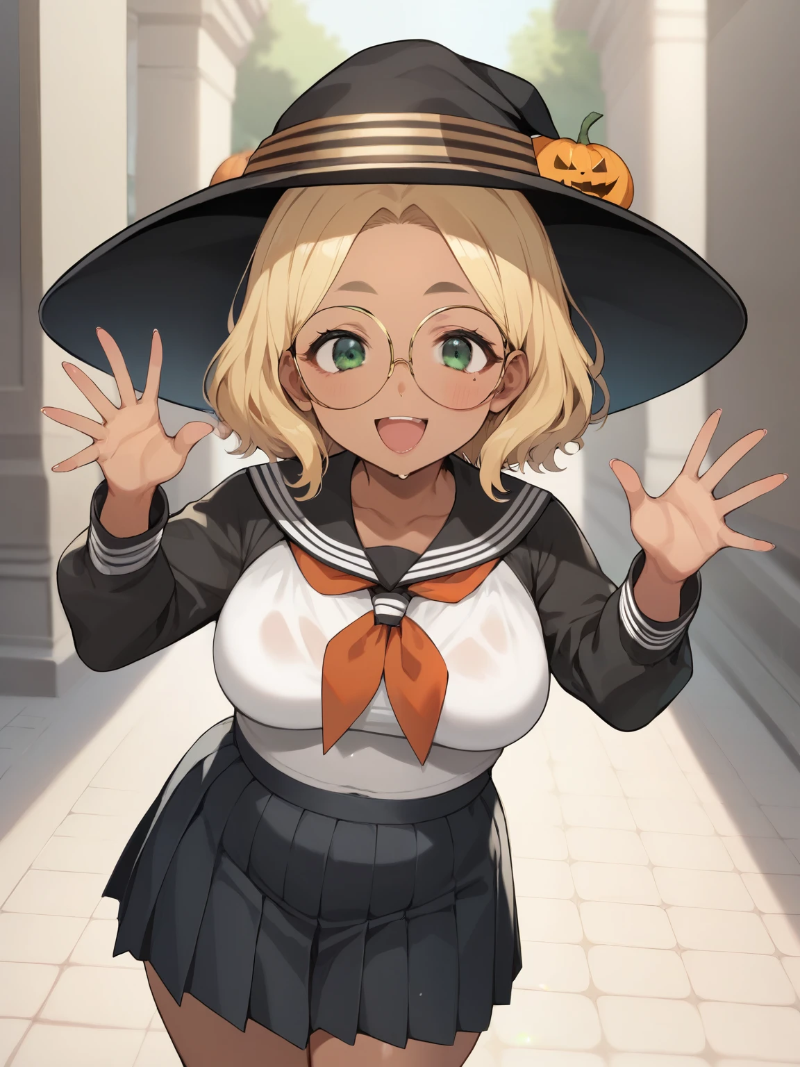  score_9,  score_8_up,  score_7_up, anime break， High image quality ，Tanned Gal，blonde， very chubby girl ，blonde with green eyes,  Medium Length Hair  ，Open forehead，Round face， has a smiling face，Ample breasts，  black square frame glasses Greek goddess，  long sleeve sailor suit  ，  Short Pleated Skirts  ，Ancient Greece，Wet Skin，A clever gesture，Accurate and detailed female fingers，Halloween Hats，Halloween props，，