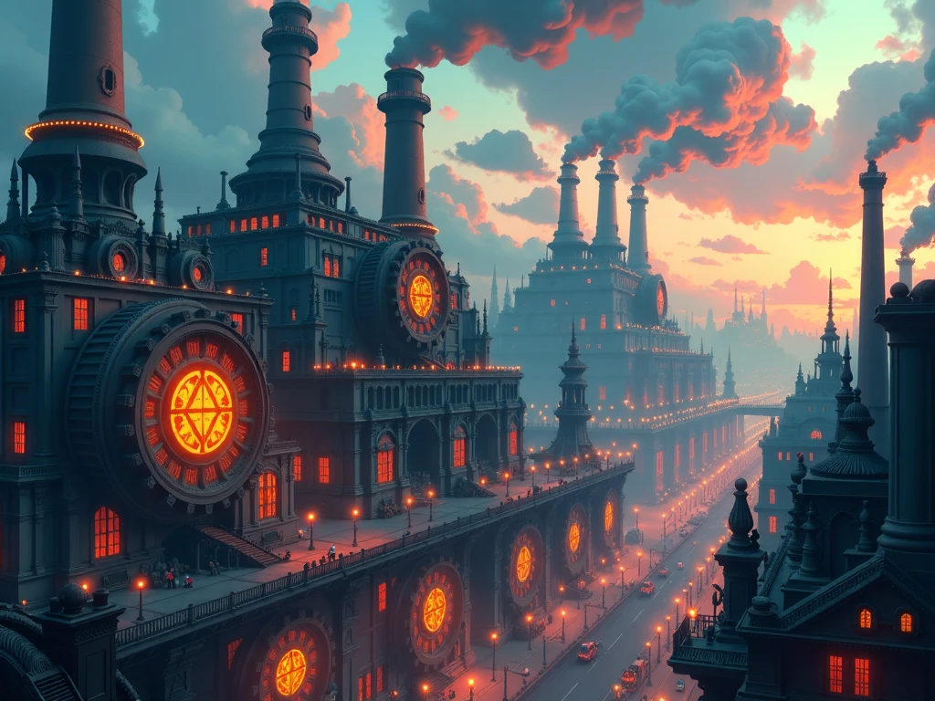 Create a dynamic background for a manhwa featuring a magical-industrial cityscape. The scene should blend elements of an empire powered by both magic and industry. Include tall smokestacks, large metal gears, and machinery mixed with glowing, mystical runes floating in the air. Enchanted energy lines run along the metal structures, connecting them as if powered by magic. Buildings should look a mix of ancient stone architecture and futuristic steampunk design, with wisps of magical aura around them. Use vibrant colors to highlight both the magical glow and the gritty industrial tones.