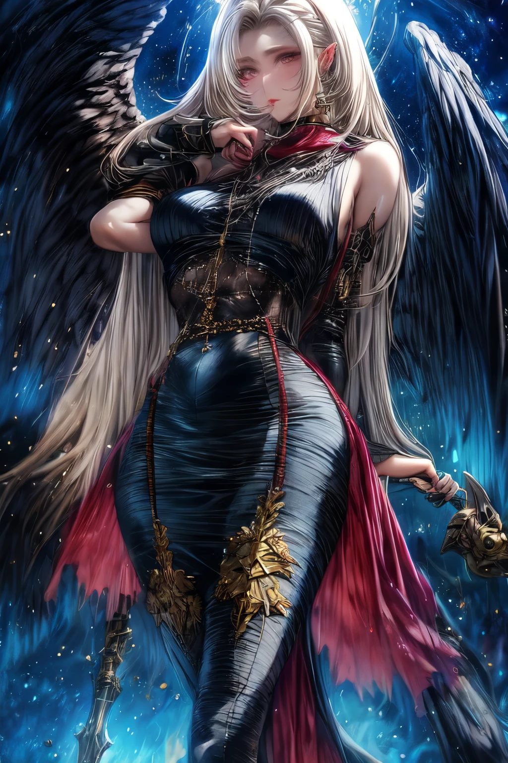 mature woman, fallen angel mode, white hair, succubus top clothes, holding a spear, jelous detail, dark clothes, pale skin , dark wings, white Sclera, night city background, serious face, looking at the viewer, black eyeshadow ,eyeliner, black eyeliner,in the style of richly detailed genre paintings,dark fantasy, handsome,charming character illustrations, digital art, black and blue,richly detailed genre paintings, high-contrast shading, sakimichan, zumidraws, digital art technique 
