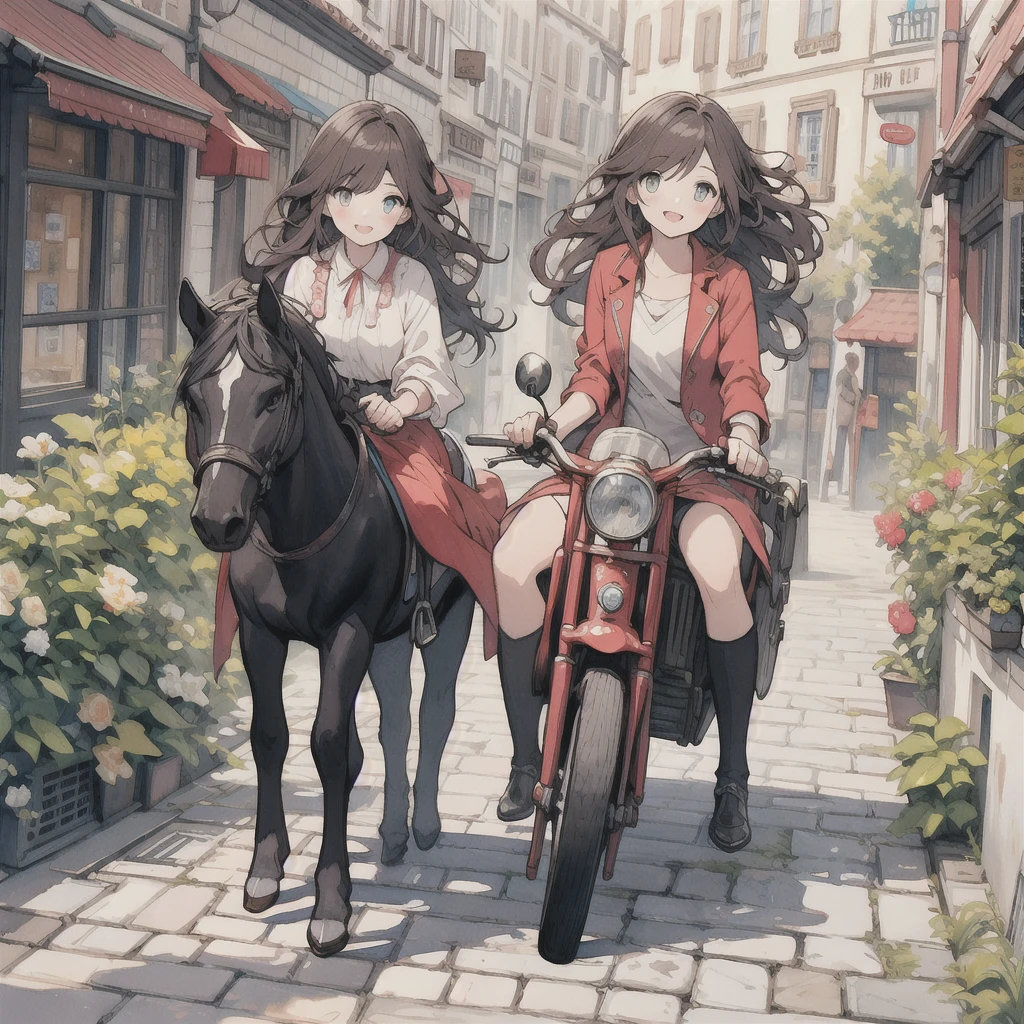 Realistic and delicate anime-style watercolor paintings, cute girls riding classic cars made of sweets, European townscapes, cobblestone streets,Girl with beautiful amber-colored eyes and happy face