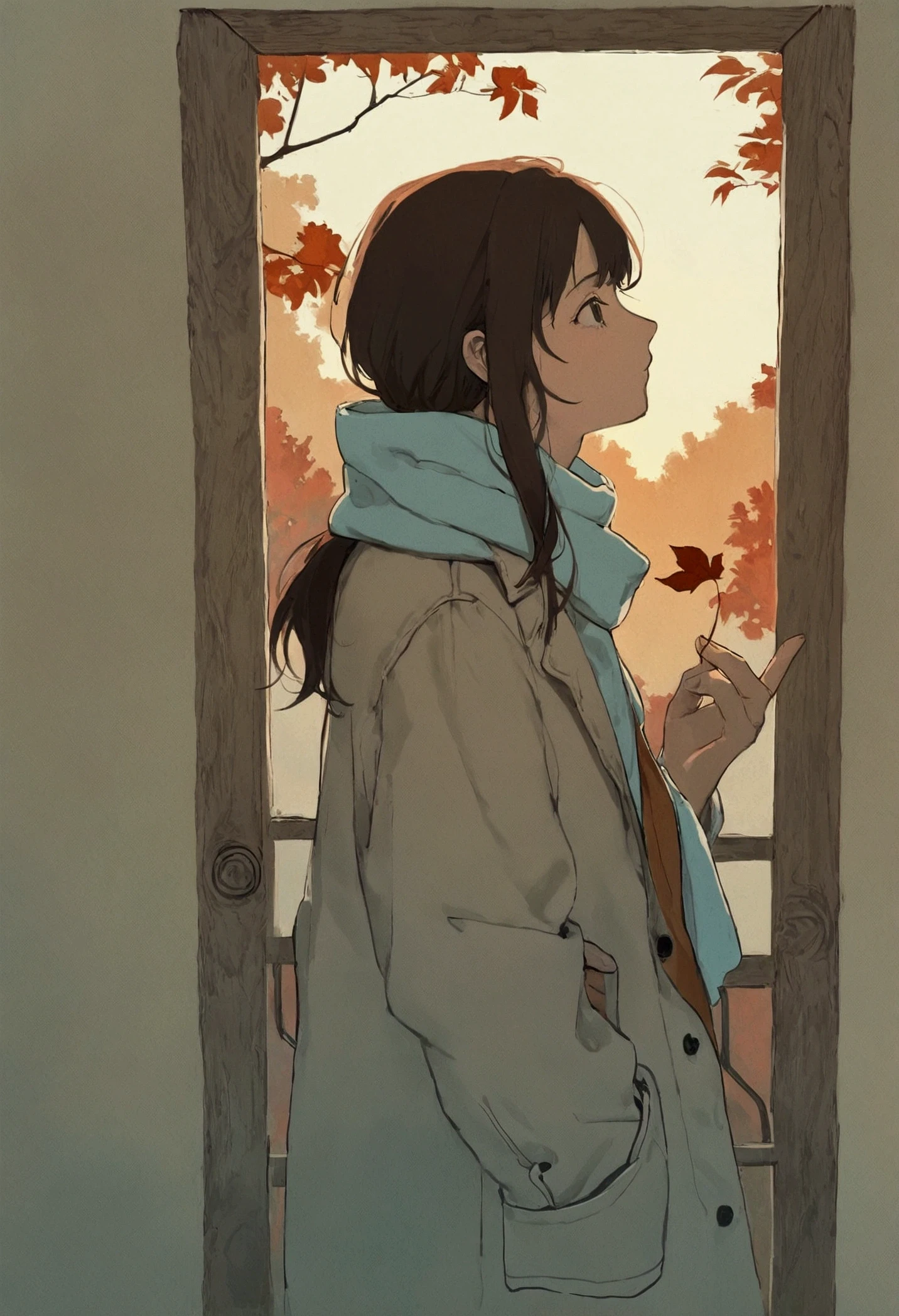 (Soft layers of autumn colors),(alone), 1 GIRL WITH HIM\(long brown hair, cute, Autumn outfit, scarf, Coat, boots, Picking leaves\(Shining golden in the sunlight),Full Body, looking away \\),(from side:1.5), Long Hit, ( simple minimalism white background:1.5), break ,quality\(masterpiece, best quality,8k,Highly detailed CG unit wallpaper, Kampala , top-quality, top-quality real texture skin, Surreal, hair on the back , RAW Photos, best quality, Advanced Details, wallpaper,Golden Ratio, High Saturation Realism, Vibrant colors, dramatic lighting , Compelling Storytelling , Atmospheric landscape, Presented on a Beautiful Plate , intricate details , Strong emotions,A dreamlike world\),