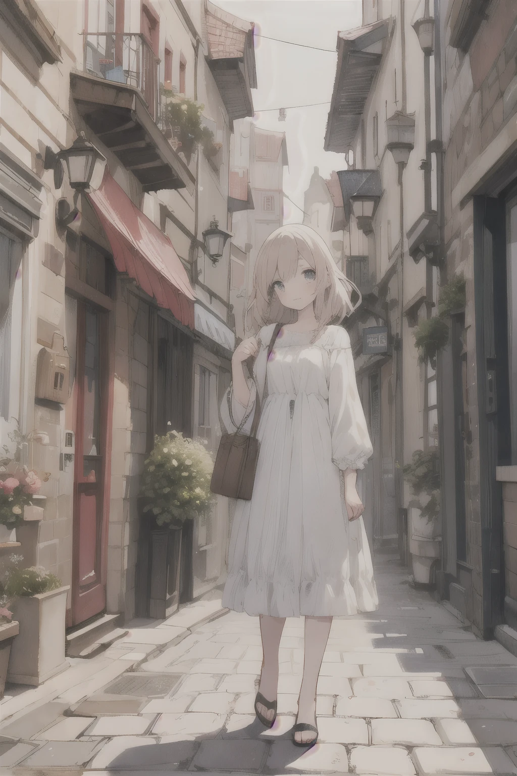 Realistic and delicate anime-style watercolor paintings, classic townscape made of sweets and cute girls, full-body shots, cobblestone streets,