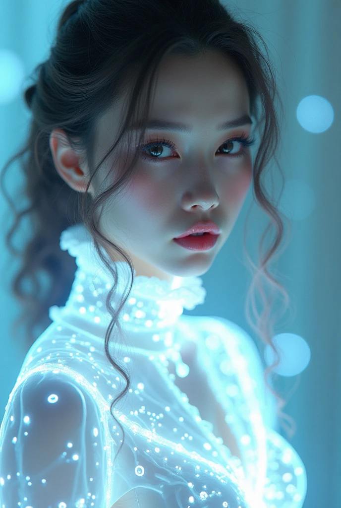 ((gem_Light elements)), (translucent luminous body_Wearing a white frilly shirt), (girl made of light: 1.2, long curly hairstyle，Exquisite facial features，light:1.3), (minimalism: 0.5), (Frontal gaze close-up angle: 1.3), 4K, high dynamic range, Acid Graphics, Fantasy works, [Vivid facial details: 0.33], (White translucent glowing body and hair: 1.3), Shiny beautiful woman with silhouette, Understated elegance revealed... Steady、dignified atmosphere，Gives a subtle sense of luxury..... Gray smooth texture, fashionable pose, fluorescent, glow tattoo, Bio glow tattoo, glow pattern. information