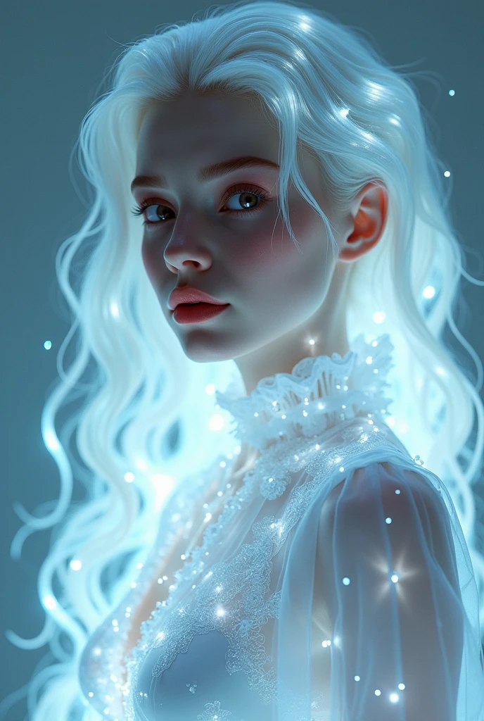 ((gem_Light elements)), (translucent luminous body_Wearing a white frilly shirt), (girl made of light: 1.2, long curly hairstyle，Exquisite facial features，light:1.3), (minimalism: 0.5), (Frontal gaze close-up angle: 1.3), 4K, high dynamic range, Acid Graphics, Fantasy works, [Vivid facial details: 0.33], (White translucent glowing body and hair: 1.3), Shiny beautiful woman with silhouette, Understated elegance revealed... Steady、dignified atmosphere，Gives a subtle sense of luxury..... Gray smooth texture, fashionable pose, fluorescent, glow tattoo, Bio glow tattoo, glow pattern. information