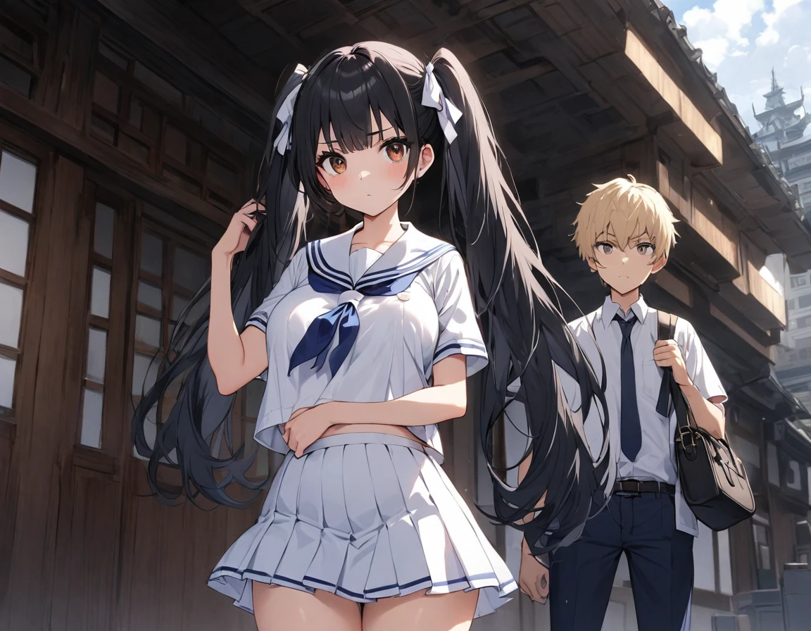 NSFW cowboy shot standing in the background is a modern Japanese building with black hair, twin tails, middle hair, brown eyes, big round eyes, big white ribbon breasts:1.1 thick summer (White collar:1.2)A dark blue high school girl wearing a short-sleeved white summer sailor suit in a dark blue tie pleated skirt stares at her as she holds a Boston bag and wrinkles her eyebrows and stands up silently　A blond high school boy is standing :1.3