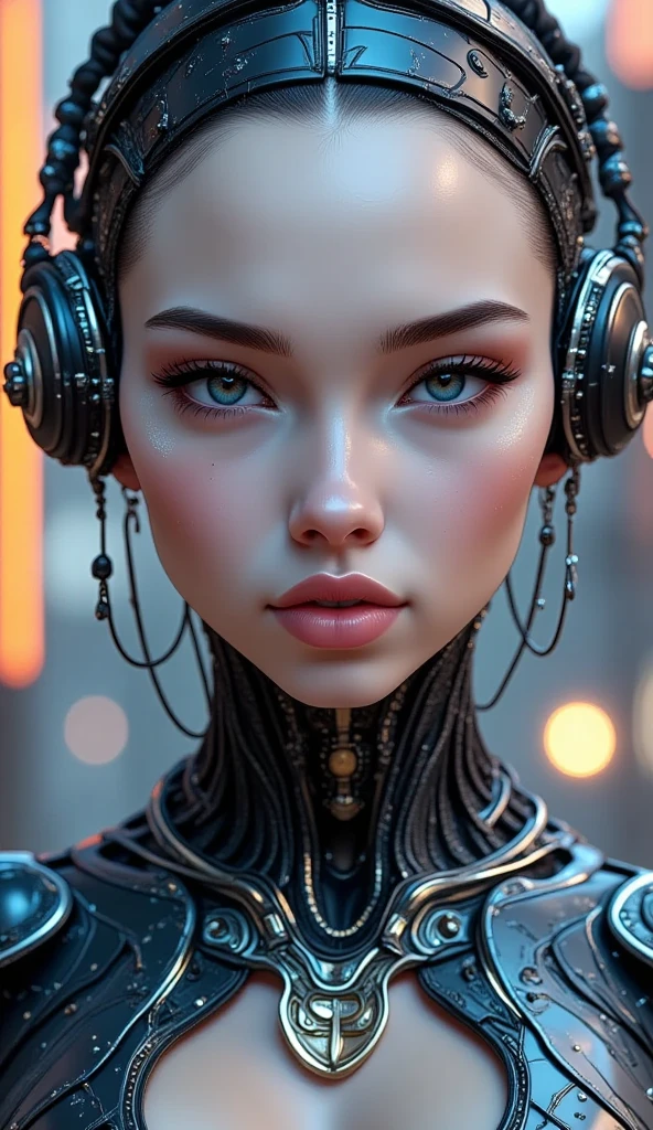 a highly detailed digital painting of an artificial intelligence entity with a human-like face, beautiful detailed eyes, beautiful detailed lips, extremely detailed facial features, long eyelashes, thoughtful expression, sitting in a futuristic technological environment, glowing electrical circuits, holographic displays, advanced machinery, cinematic lighting, warm color tones, (best quality,8k,highres,masterpiece:1.2),ultra-detailed,(realistic,photorealistic,photo-realistic:1.37),cinematic lighting,dramatic atmosphere,concept art