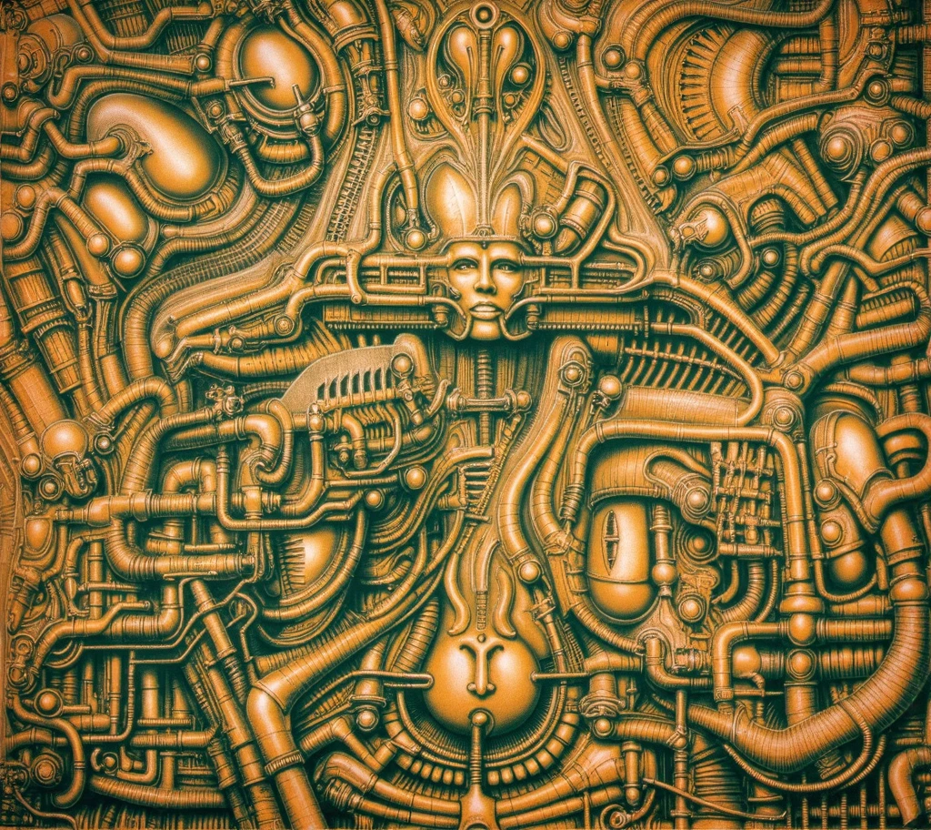 HRGGR, The image is a detailed view of H.R. Giger's biomechanical tableau \" LANDSCAPE No 312 \" plate, featuring a complex, intricate, and detailed design of endless Machine in the transit space over the cascade of fallen water, that appears to be a fusion of organic and mechanical elements, with a focus on the interplay between the two.The piece is a tableau, most likely created with a India ink pen or pencil on paper, determined by the thin lines, shading techniques, and the texture of the paper, which is visible around the edges. Used is pen, given the shading and variations in line weight visible in the image. Artist have used a variety of stylus with different degrees of hardness to achieve the shading effects. The use of undersaturated green-grays dark contrasts creates a stark and graphic look. Is used a variety of linework techniques to create different textures. Fine, parallel lines create a smooth, metallic texture,while thicker, more cursive lines suggest cables or wires. Light source from the top highlights skeletals, pper part of foreground, lower part of image is in shadowupper part of foreground, lower part of image is in shadow. The art performance showcases the artist’s skills in observation and rendering. The level of detail in the piece suggests a close study of real bone specimens and mechanics. The artist has skillfully used shading techniques to create a convincing illusion of three-dimensionality on a flat surface. The wrinkles and cracks in the surface, and the cast shadows with accuracy, used shading techniques to create a realistic depiction of light and shadow on the objects. This creates a sense of depth and dimension in the image. The artist has used careful linework to depict the contours and textures in the piece Sharp focus on foreground elements illustration. Deep and delicate DOF. Big painting. Stored in Louvre masterpiece, ooze soaked pajama top