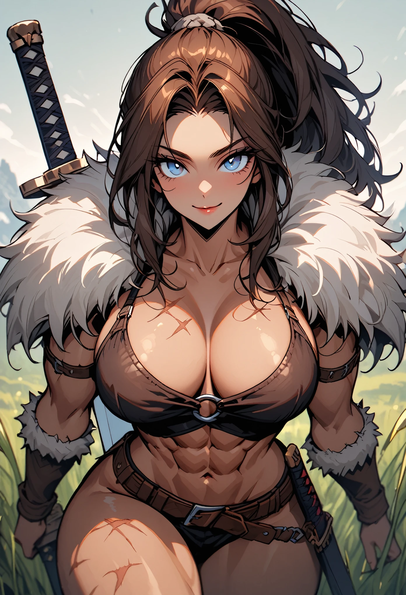 Babarian Tanned skin  vampire woman with leopard  clothing red-brown hair with green mark on face carrying huge battle axe