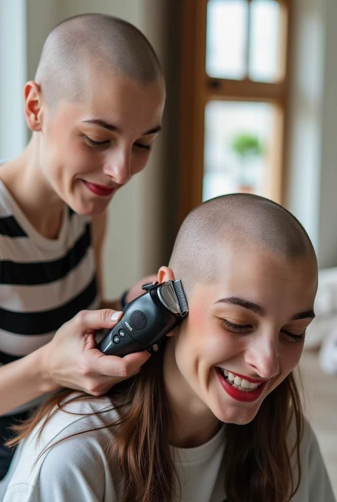 Real photograph of two thin beautiful young women, one shaving the other's head. ((((first woman is hairless, bald smooth pale skin on her head)))), (((she is holding "Wahl" hair clippers which are currently (shaving the second woman's head), she is intensely looking at the (second woman's bald head and hair clipper)))). The (((second woman has her top and left side of her head completely bald))). ((she is excitedly looking at the viewer and smiling)). (((There are clumps of hair and long strands of cut hair stuck on and draped over her shirt))).
