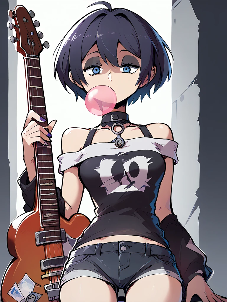 Urban dresses ,  comic book portrait, purple, short hair, gum, gothic, sexy, Whole body,  short shorts, bare shoulders, Barriga de Foro ,  guitar in the back  