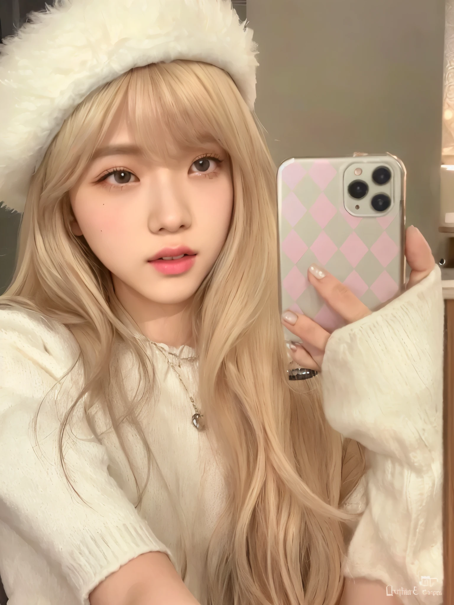 Arafed girl with long blonde hair and a white hat taking a selfie, ulzzang, pelo largo y blanco y flequillo, Kim Jisoo, Jisoo de blackpink, Kim Jisoo de Blackpink, bella delfina, peinado de corte hime blanco, con el pelo largo y blanco, retrato realista kawaii, con pelo largo y blanco, con pelo largo y rubio