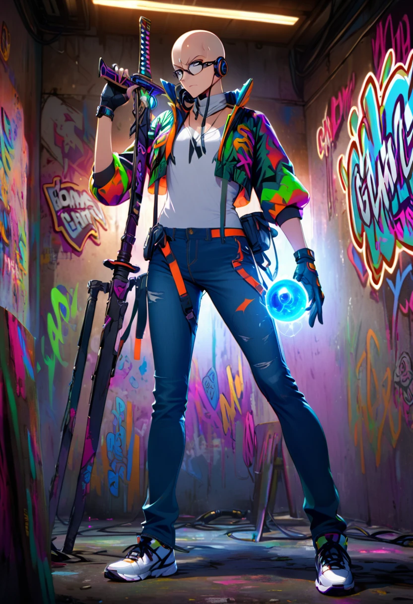 boy, bald, Small neck, white collar , black tie, jeans, Shirt off the pants , Grafitti jacket, white sneakers, standing, Headset around the neck, 1,69 tall. normal body, holding katana in the right hand and energy orb in the left hand.