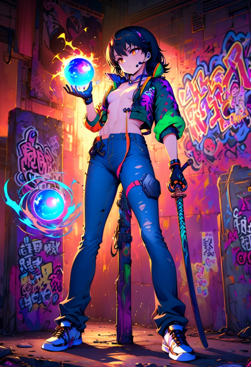 boy, bald, Small neck, white collar , black tie, jeans, Shirt off the pants , Grafitti jacket, white sneakers, standing, Headset around the neck, 1,69 tall. normal body, holding katana in the right hand and energy orb in the left hand.