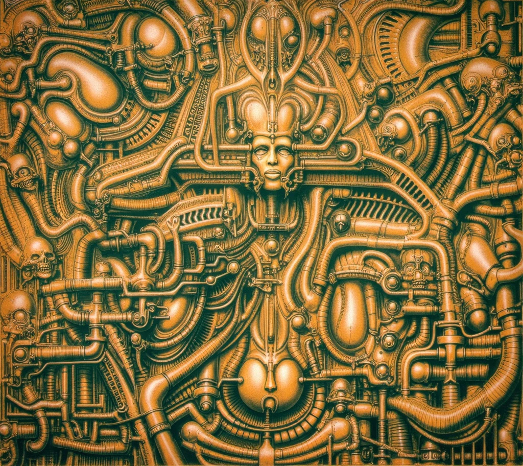 HRGGR, The image is a detailed view of H.R. Giger's biomechanical tableau \" LANDSCAPE No 312 \" plate, featuring a complex, intricate, and detailed design of endless Machine in the transit space over the cascade of fallen water, that appears to be a fusion of organic and mechanical elements, with a focus on the interplay between the two.The piece is a tableau, most likely created with a India ink pen or pencil on paper, determined by the thin lines, shading techniques, and the texture of the paper, which is visible around the edges. Used is pen, given the shading and variations in line weight visible in the image. Artist have used a variety of stylus with different degrees of hardness to achieve the shading effects. The use of undersaturated green-grays dark contrasts creates a stark and graphic look. Is used a variety of linework techniques to create different textures. Fine, parallel lines create a smooth, metallic texture,while thicker, more cursive lines suggest cables or wires. Light source from the top highlights skeletals, pper part of foreground, lower part of image is in shadowupper part of foreground, lower part of image is in shadow. The art performance showcases the artist’s skills in observation and rendering. The level of detail in the piece suggests a close study of real bone specimens and mechanics. The artist has skillfully used shading techniques to create a convincing illusion of three-dimensionality on a flat surface. The wrinkles and cracks in the surface, and the cast shadows with accuracy, used shading techniques to create a realistic depiction of light and shadow on the objects. This creates a sense of depth and dimension in the image. The artist has used careful linework to depict the contours and textures in the piece Sharp focus on foreground elements illustration. Deep and delicate DOF. Big painting. Stored in Louvre masterpiece, ooze soaked pajama top