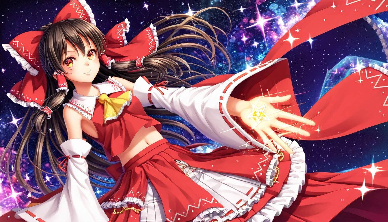 hakurei reimu, 1girl hair bow ascot hair tubes miko detached sleeves, (Vocaloid Style)sparkle, star \(symbol \), gl0w, glow, Abstract, centcontrapposto,insanely detailed,ultra highres,masterpiece,8K, super detailed skin, (detailed beautiful face and eyes),very detailed background,elaborately designed clothes,beautiful artwork, detailed eyes, detailed clothes, detailed body, detailed hands, detailed hair, sparkle, star \(symbol\),intricate details,