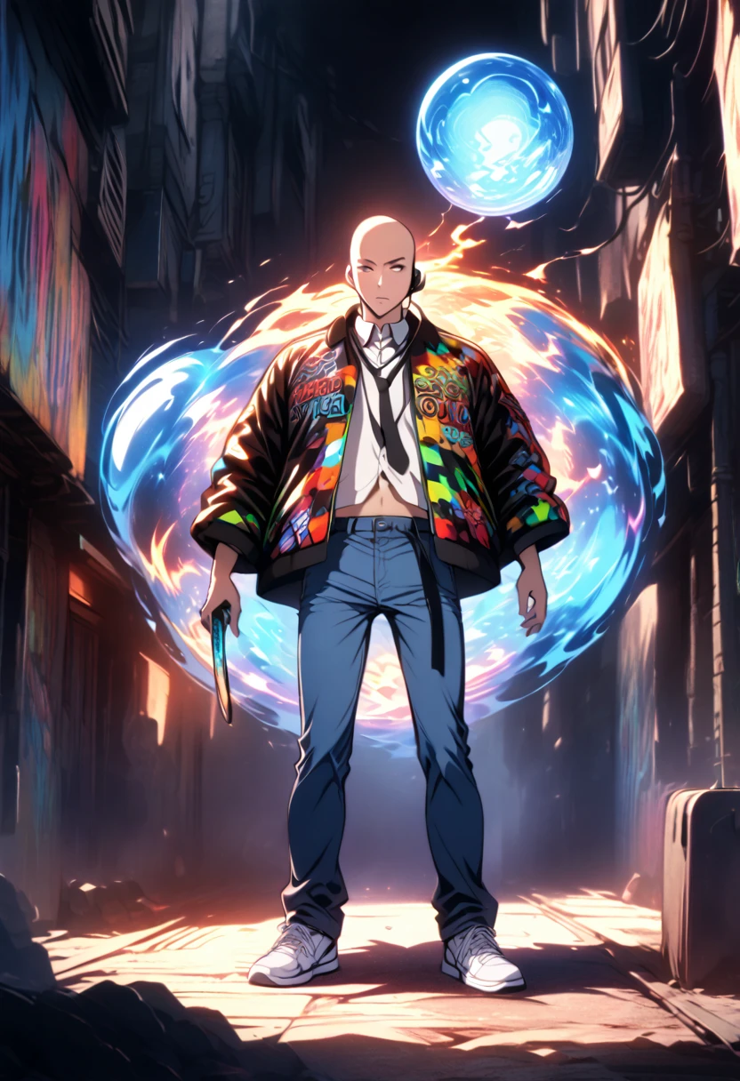 boy, bald, Small neck, white collar , black tie, jeans, Shirt off the pants , Grafitti jacket, white sneakers, standing, Headset around the neck, 1,69 tall. normal body, holding katana in the right hand and energy orb in the left hand.