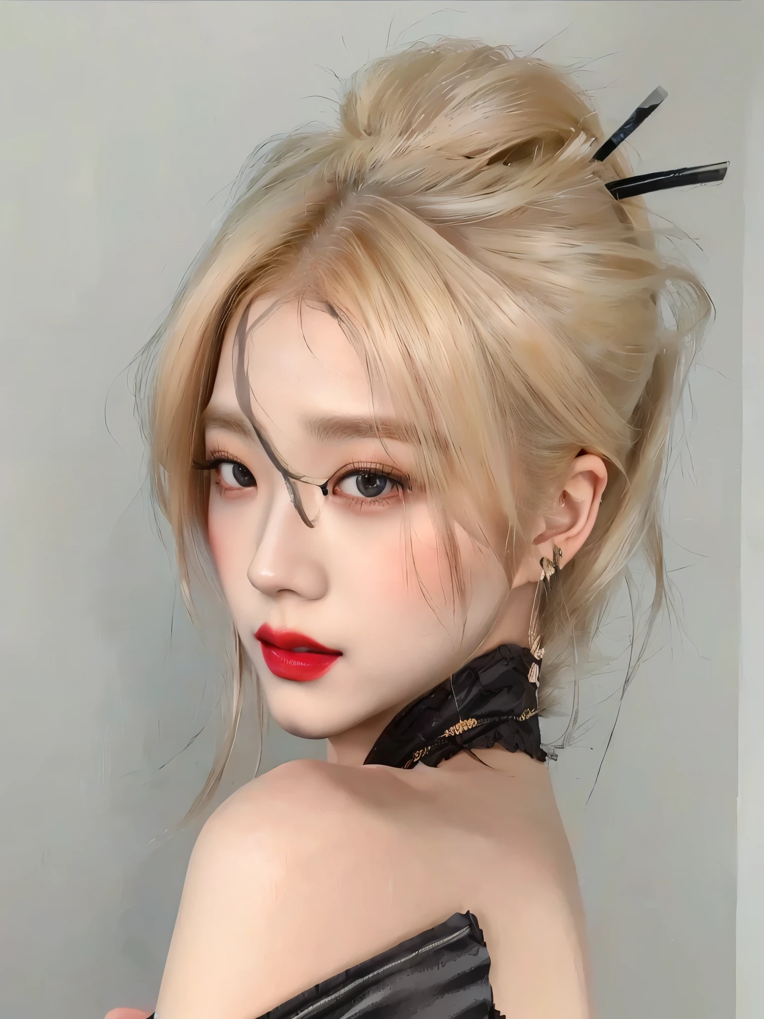 Blonde woman with blonde hair and red lipstick wearing a black corset.,  popular makeup from South Korea , ig model | germ type, Sakimichan, shikami, geisha hairstyle, popular Korean makeup, inspired by anime, Korean girl, with round face, guweiz, by Yang J., photo of hair on head, anime girl in real life, ulzzang, Kim Jisoo, Jisoo Blackpink, blonde hair