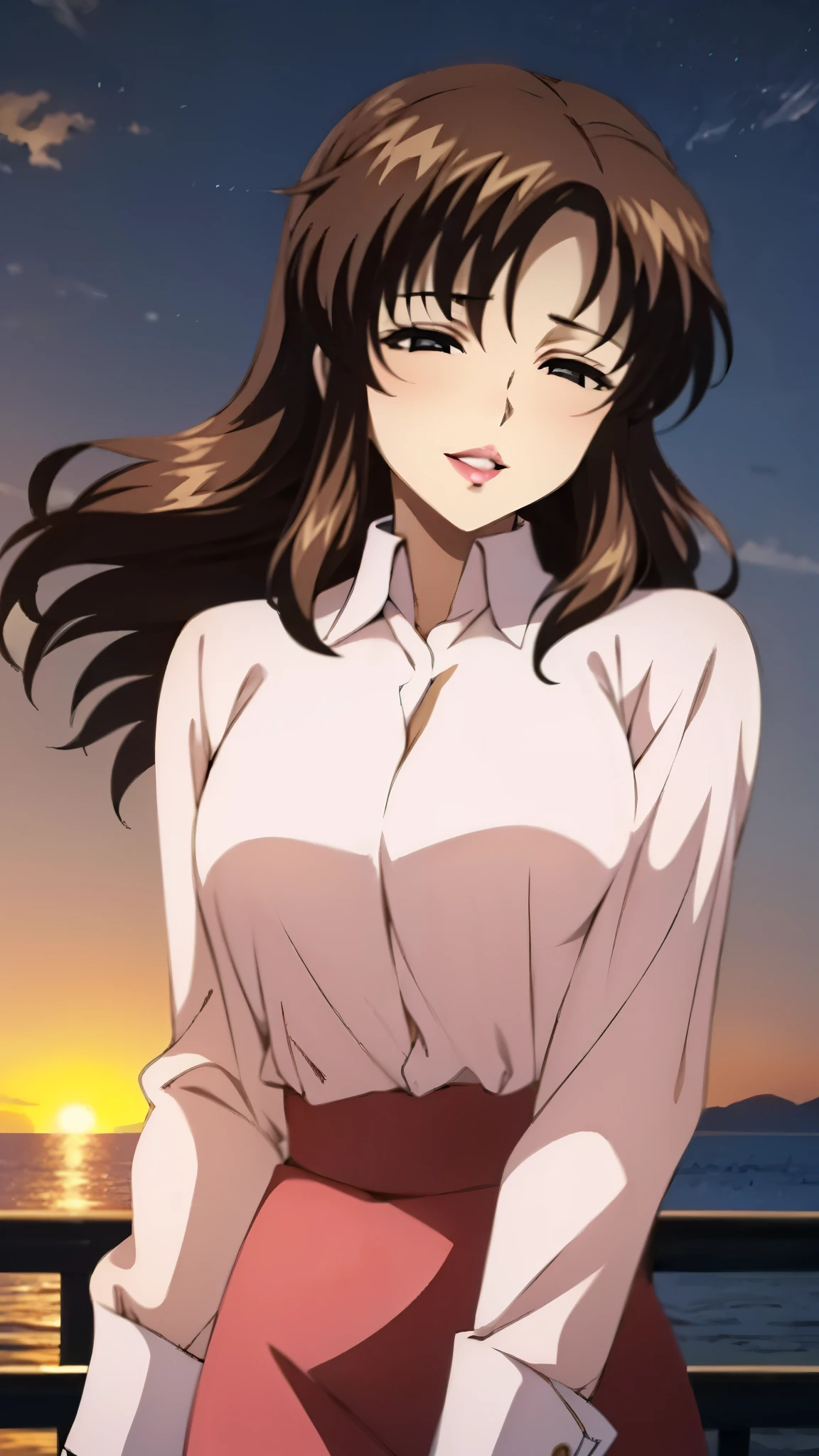 （super high quality, super high resolution ,16k,super masterpiece,Ultra HD ,Detailed shading and background,）Shooting from below,One sexy mature woman,（Long-sleeved pink shirt unbuttoned and unfolded,Red pencil skirt,）smile,Thick lips,blush,Sky background with a view of the sunset,Hair lifted by the wind,Hold your hair with one hand,