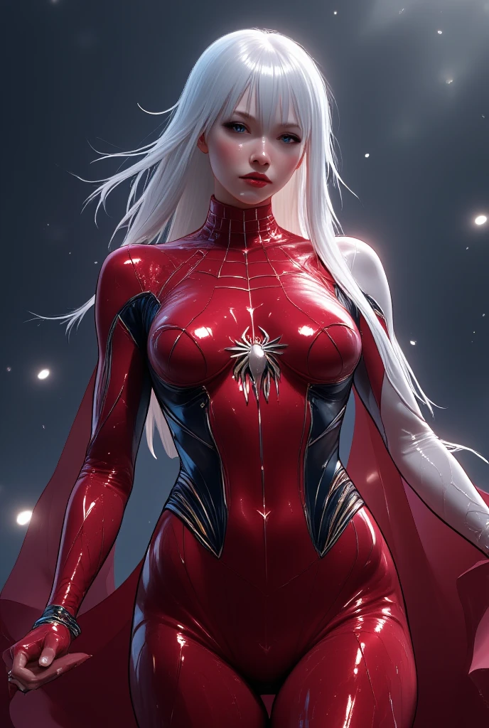 Semi-realism, Anime style, shiny skin, white skin, Spider woman, red spiderman suit, spider logo on chest, detailed clothing, realistic lighting, volumetric fog, dramatic moody lighting, vibrant colors, stunning 4k, highly detailed, photorealistic, masterpiece