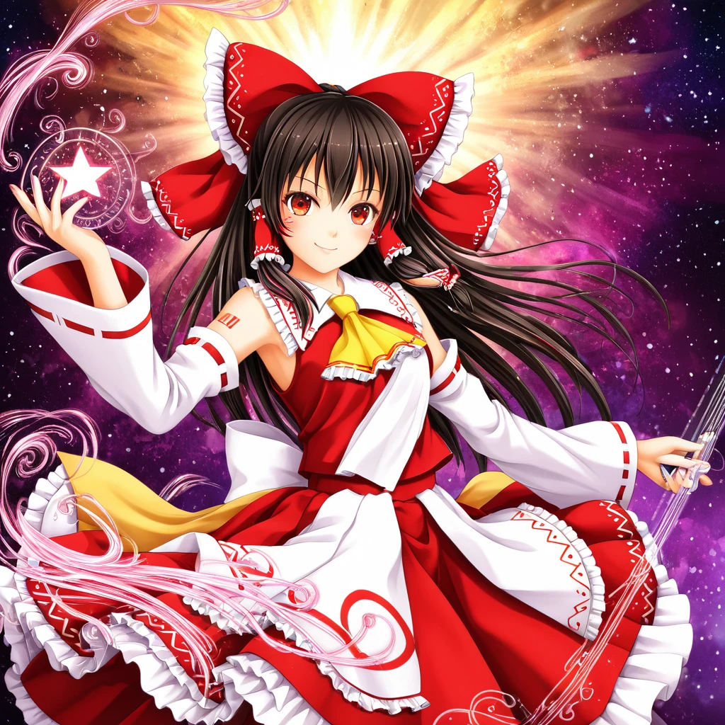 hakurei reimu, 1girl hair bow ascot hair tubes miko detached sleeves, (Vocaloid Style)sparkle, star \(symbol \), gl0w, glow, Abstract, centcontrapposto,insanely detailed,ultra highres,masterpiece,8K, super detailed skin, (detailed beautiful face and eyes),very detailed background,elaborately designed clothes,beautiful artwork, detailed eyes, detailed clothes, detailed body, detailed hands, detailed hair, sparkle, star \(symbol\),intricate details,