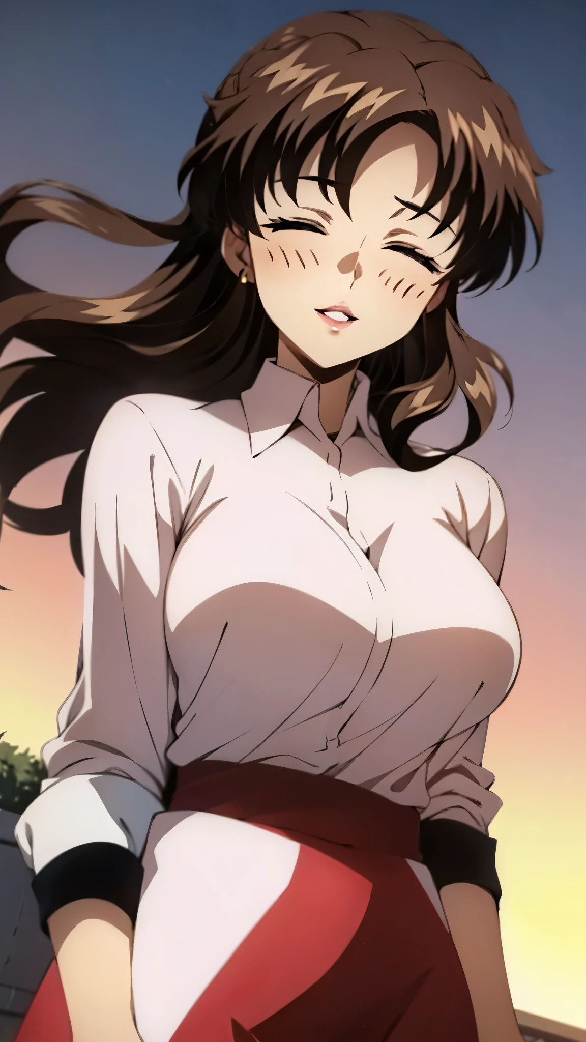 （super high quality, super high resolution ,16k,super masterpiece,Ultra HD ,Detailed shading and background,）Shooting from below,One sexy mature woman,（Long-sleeved pink shirt unbuttoned and unfolded, red pencil skirt,）smile,Thick lips,blush,Sky background with a view of the sunset,Hair lifted by the wind,Hold your hair with one hand,