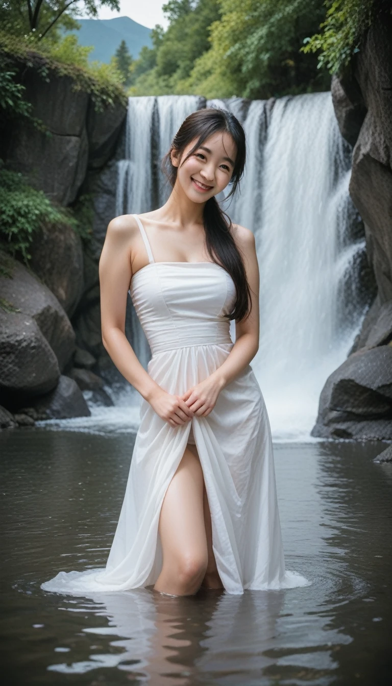 there is a woman with large breast in a body of water with a mountain in the background, bathing in a waterfall, in the water, in water up to her shoulders, in water, cute woman, beautiful and smiling, beautiful asian girl, gorgeous lady, nymph in the water, lovely smile, beautiful smile, cute seductive smile, jaw-dropping beauty, beautiful asian woman, masterpiece, best quality:1.2),,(8k,highres,RAW photo,realistic,photo-realistic:1.3),(detailed skin texture,detailed cloth texture,beautiful detailed face:1.25),professional lighting,photon mapping,beautiful soft light,radiosity,physically-based rendering,raytracing, model shoot style, model shoot style, (extremely detailed CG unity 8k wallpaper), full shot body photo of the most beautiful artwork in the world,
