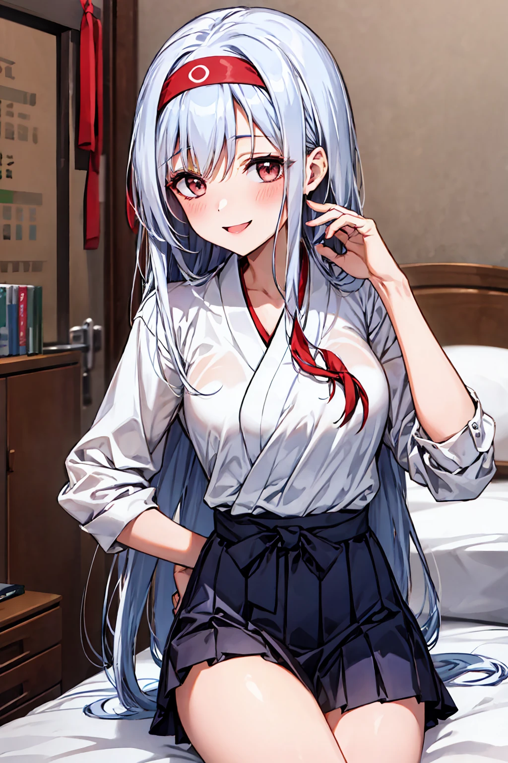 best quality, masterpiece, highres, solo, {shoukaku_kantaicollection:1.15}, long_hair, hairband, white_hair, brown_eyes, smile, headband,  looking_at_viewer,Japanese JKstyle,White shirt.Blue shot skirt.RED ribbon.  shows through her white shirt. red_headband,  big bust  、gal peace  HOTEL bed