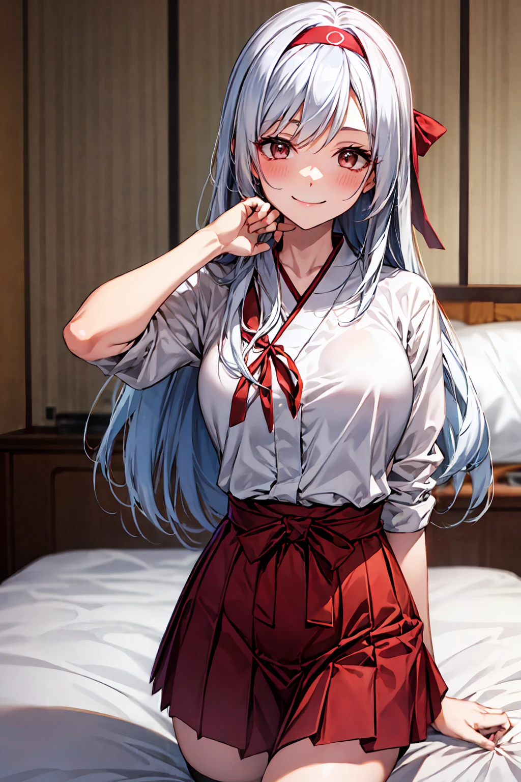 best quality, masterpiece, highres, solo, {shoukaku_kantaicollection:1.15}, long_hair, hairband, white_hair, brown_eyes, smile, headband,  looking_at_viewer,Japanese JKstyle,White shirt.Blue shot skirt.RED ribbon.  shows through her white shirt. red_headband,  big bust  、gal peace  HOTEL bed