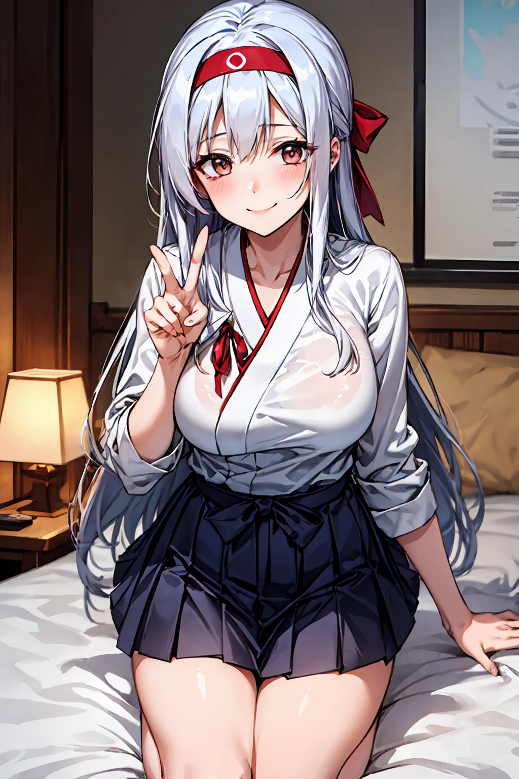 best quality, masterpiece, highres, solo, {shoukaku_kantaicollection:1.15}, long_hair, hairband, white_hair, brown_eyes, smile, headband,  looking_at_viewer,Japanese JKstyle,White shirt.Blue shot skirt.RED ribbon.  shows through her white shirt. red_headband,  big bust  、gal peace  HOTEL bed