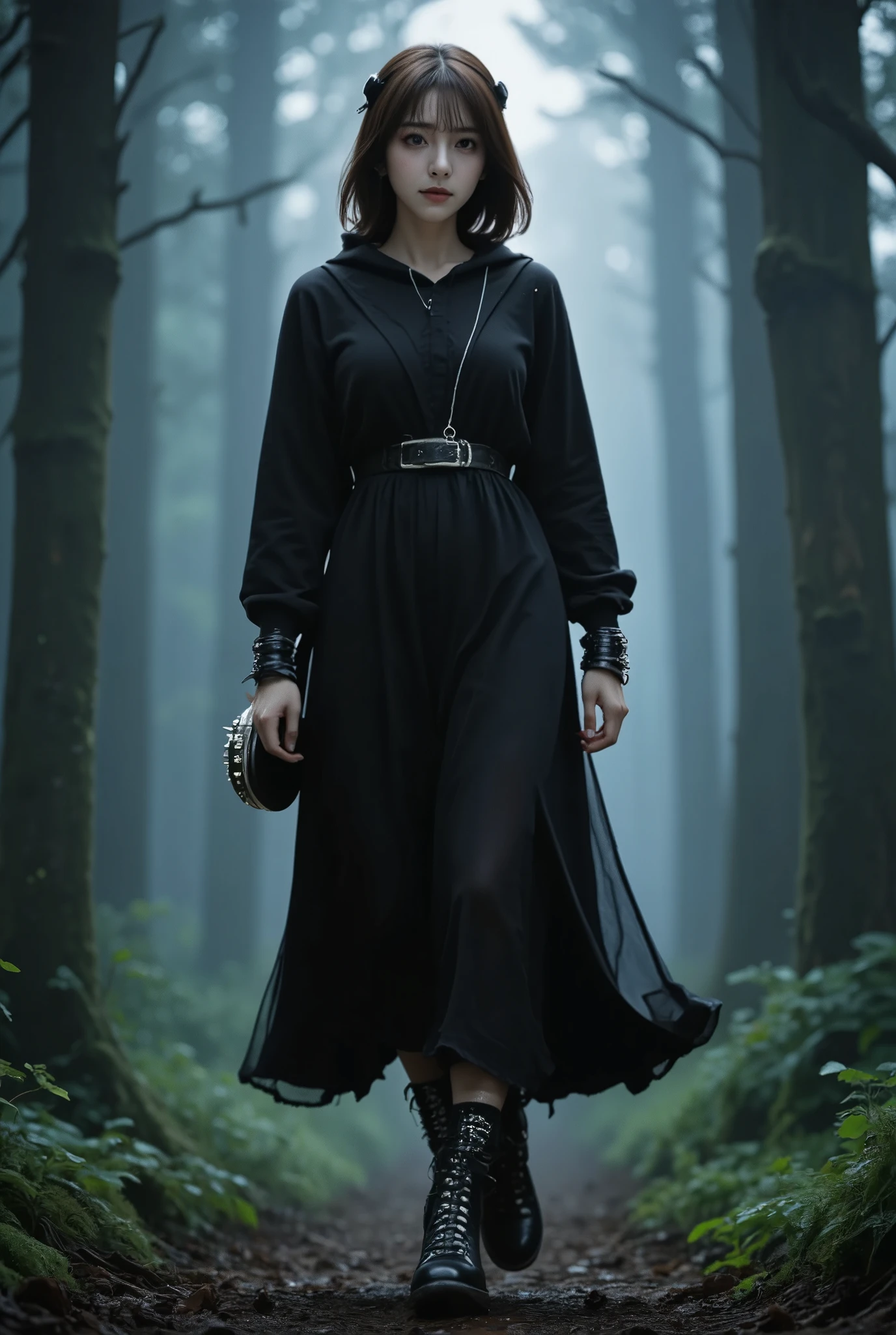 insanely detailed photorealistic illustration. Woman, short hair, brown hair, shiny hair, closed eyes, shiny lips, gorgeous figure, flawless body, sexy, attractive, slender, charming, insanely detailed lips, insanely detailed eyes, insanely detailed body. Black hoodie, black gothic skirt, long skirt, wide skirt, ruffles on the skirt, black And white high knee socks, platform boots, headphones on head, chains, bracelets with spikes. Walking, sexy body curves. In a dark forest, fog, gloom, horror. Beautiful, clear, colorful, rich colors, masterpiece, Wonderful, clear details, high quality, 64k