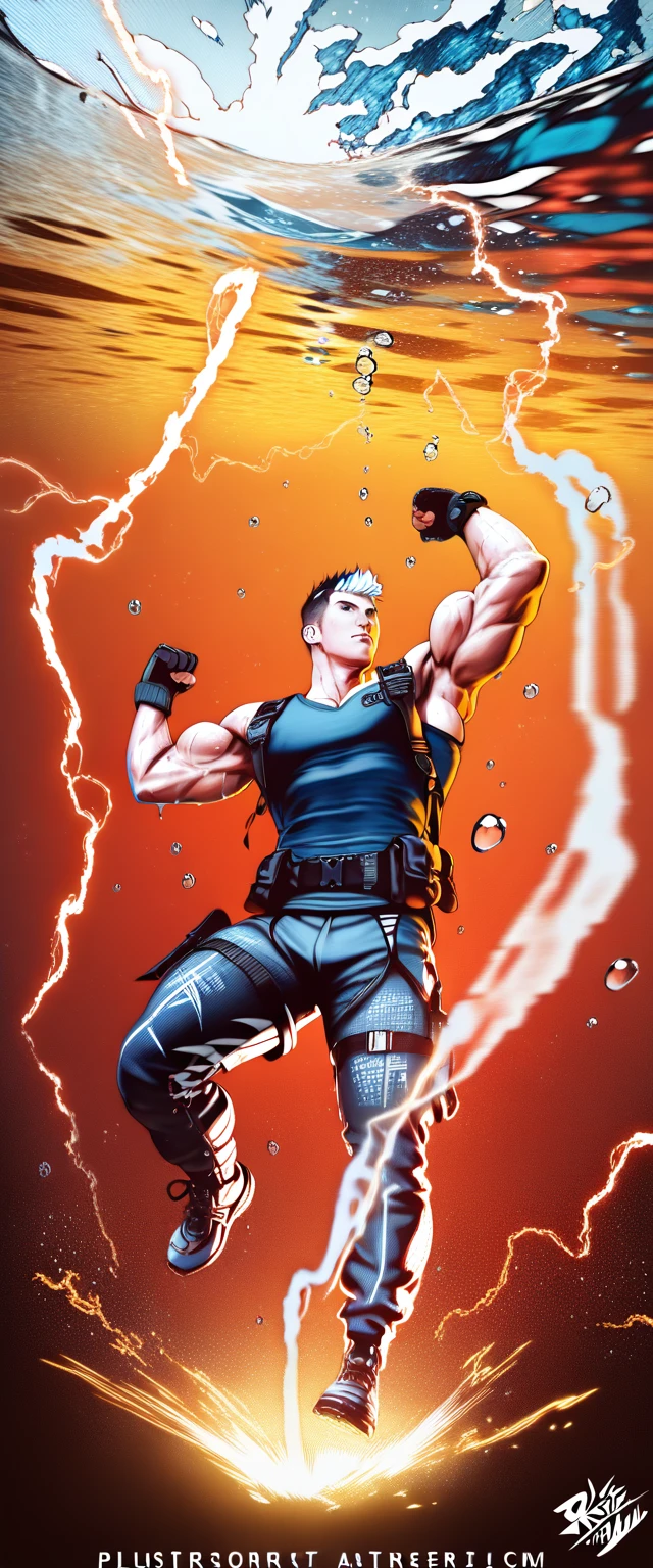 (Only 1 man), balanced anatomy, muscular man, SFW,  dynamic pose ,  water splash , Powerful, intense,  short haircut, almost naked, tactical equipment, leather harness, big bíceps, big triceps, water drops, blue tones, metal, determination,  clenched cuffs , action, strength,  domino effect ,  high contrast , lightning, wet chaps, realism, Tactical belt, Bags, straps, Black jockstrap, forearm guards , motion,  protective equipment ,  bursting water , intense look, heroic, Underwater, Bubbles,  whipped water , skin texture,  fabric detail ,  belt buckle , Big crotch, Energy, darkness, highlights, BRACELET, strain, strong, currents, Adrenaline, immersive, fascinating, formidable, flexing, physical fitness, wet look, stormy,  torrents , Tactical gloves,  detailed textures , Rivets, buckles,  gear details , water, athletic,  military, focused, surging , Swirl, submerged,  combat ready , resilience,  hydrodynamic , dominant, rapid motion,  tight jaw ,  (GS-Male), 8K, hires, absurdres,  ultra high resolution , RAW Photo, The best quality,  masterpiece , best aesthetics, game_CG, perspective, atmospheric, epic, conceptual art, octano render, volumetric lightning, spot lightning, cinematic lightning, dynamic lightning, soft shadow, chiaroscuro, HDR-10,  detailed complex ,   Highly detailed ,  lighting,   skin detail ,  sharp focus , bokeh, depth of field, intricate, photorealistic, hyperrealistic,  professional photography ,  bright colors , contrast, MEDIUM SHOT