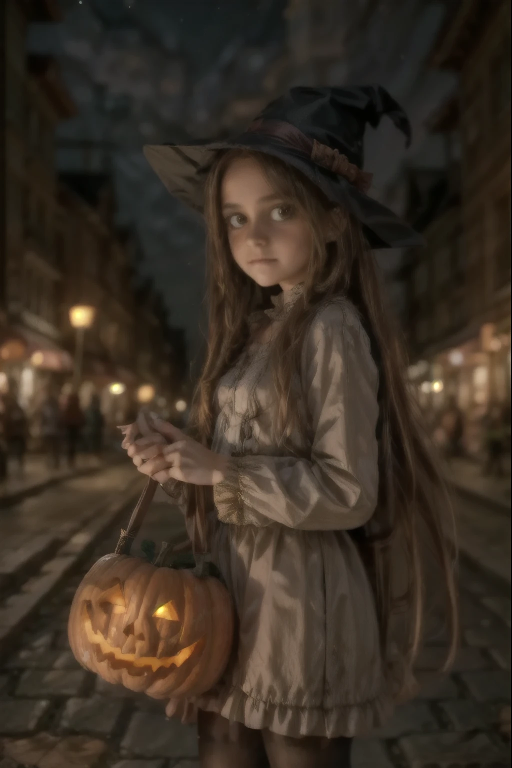 Halloween, a cute pumpkin king, with little pumpkin followers holding lanterns, in the background a street of a big city at night, 