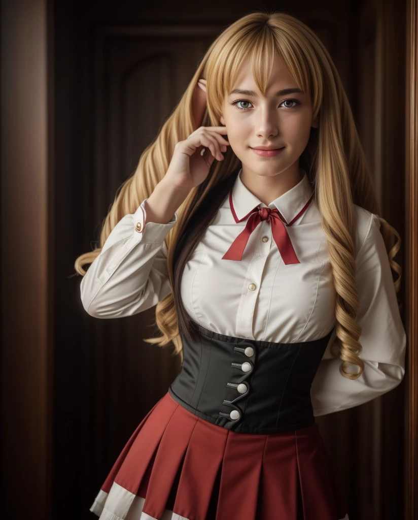 smile,
1 girl,Alone,Blonde hair,very long hair,pointed ears,twin drills,red eyes,Alone,ahoge,goblin,  hair drill,  hair between the eyes,fringe, ingestion of hair , Hair behind the ear,
long sleeves, School uniform,red skirt,Red tie,black corset, thighs,white shirt,,  refined visuals,  High-definition , masterpiece ,better quality,, 18 years old,Young female,pretty fingers, beautiful long legs ,Beautiful body,beautiful Nose, cute character design , perfect eyes, perfect face,  expressive eyes ,
official art, extremely detailed CG Unity 8k wallpaper,  perfect lighting ,colorful, bright_forehead_face_Lighting,pele bright, 
( masterpiece :1.0),(better_quality:1.0),  ultra high resolution ,4K, ultra-detailed ,
photograph, 8k, HDR, highres, absurdities:1.2,  Kodak Portra 400 , film grain,  blurred background, bokeh effect:1.2,  lens reflex, (vibrant_Cor:1.2), (beautiful_face:1.5),(narrow_Waist), ,nsfw,