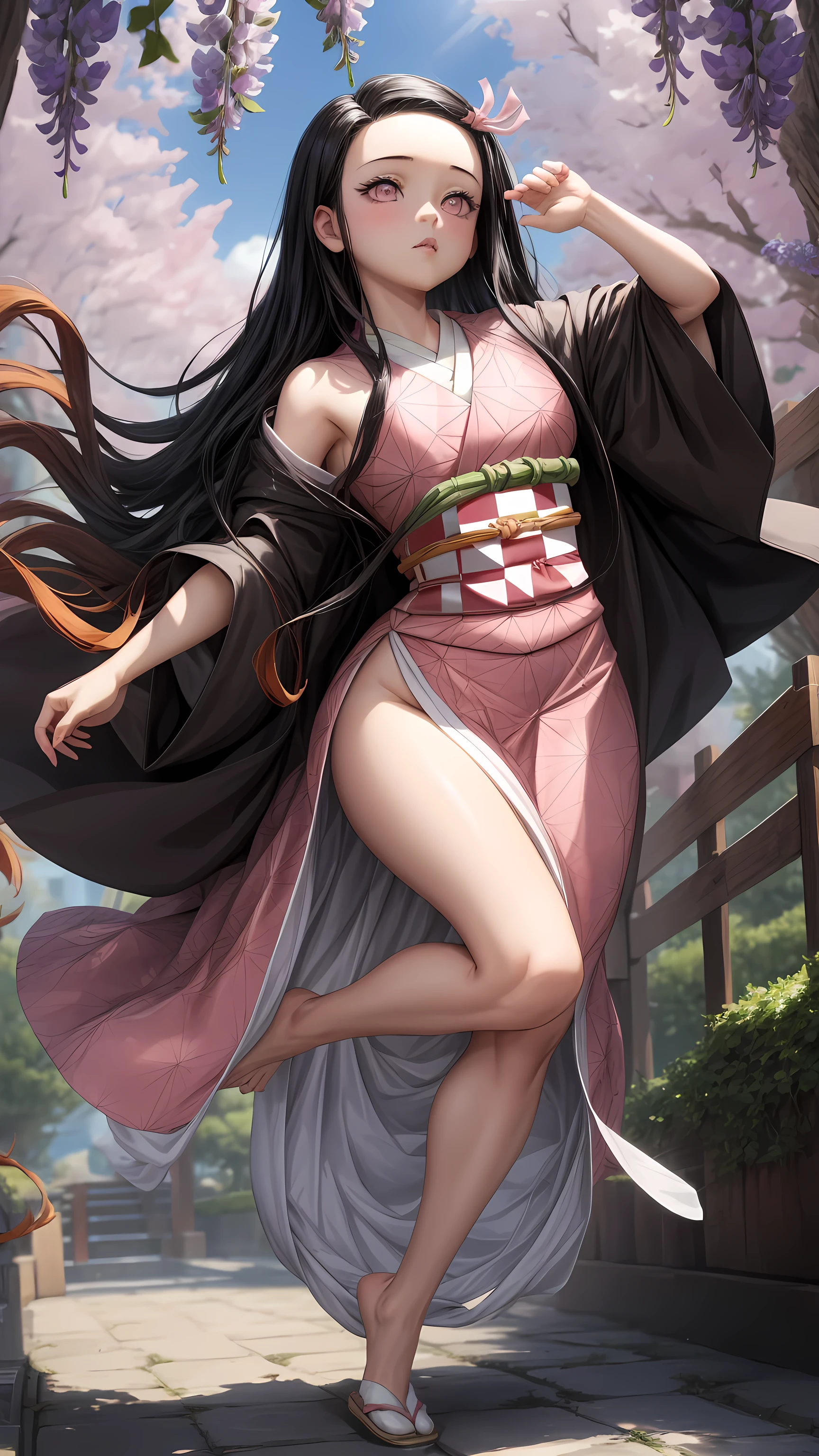 masterpiece , (Pink Kimono), Seductive face, good lighting , neckline, Fine details, masterpiece , bright eyes, 1 girl, black hair, Biting , bamboo, Nezuko Kamado, wisteria background, masterpiece , The best quality, to throw, full body, wide hips ,