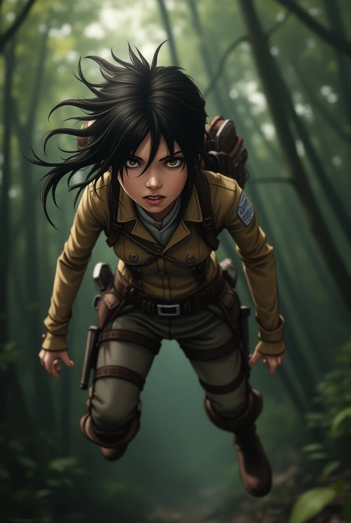 Hange Zoe ,  Live Action Style , intense expression,  Reconnaissance Body Uniform,  Vertical Maneuvering Gear ,  realistic textures , hair ruffled by the wind, forest background, action pose,  dynamic movement , high level of detail,  dramatic lighting ,  cinematographic ."