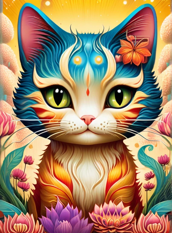 Magic mysterious fantastic landscape surreal cat ,Colorful fur、Fantasy cat、 super detailed, James R. ，draw beautiful digital illustrations， Written by Audrey Kawasaki, Written by Amy Sole, author：Naoto Hattori，Yayoi Kusama, ghibli studio，No Borders、detailed description、surrealism、masterpiece