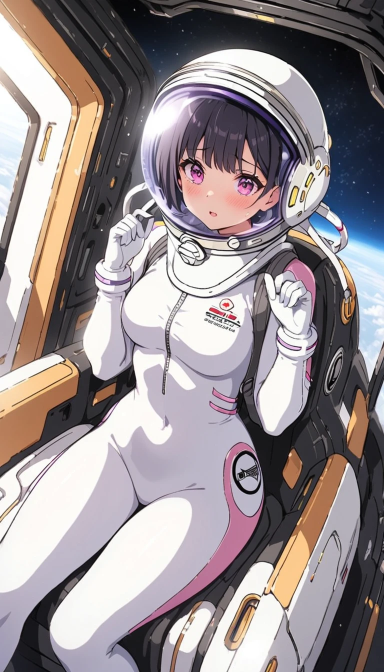 1人of女of子,Alone,short hair,(Space Suit:1.15), Black Hair Space Helmet ,whole body, indoor, masterpiece of the highest quality,  trembling, difficulty breathing, bodysuit,Lumine ,  Bubble Helmets , short hair,  backpack,gloves,blush,internal (cockpit) of (Futuristic spaceship:1.6), Sitting on narraw futuristic spacecraft cockpit seat, Covered navel, short hair