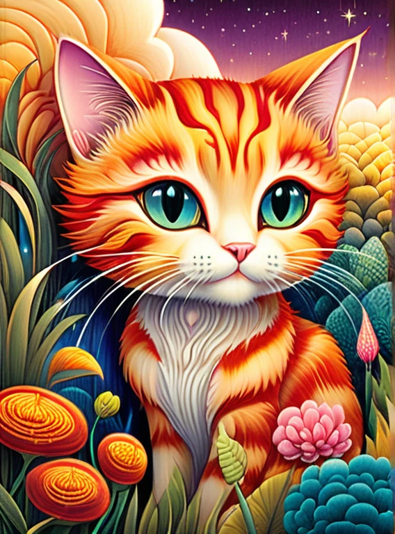 Magic mysterious fantastic landscape surreal cat ,Colorful fur、Fantasy cat、 super detailed, James R. ，draw beautiful digital illustrations， Written by Audrey Kawasaki, Written by Amy Sole, author：Naoto Hattori，Yayoi Kusama, ghibli studio，No Borders、detailed description、surrealism、masterpiece