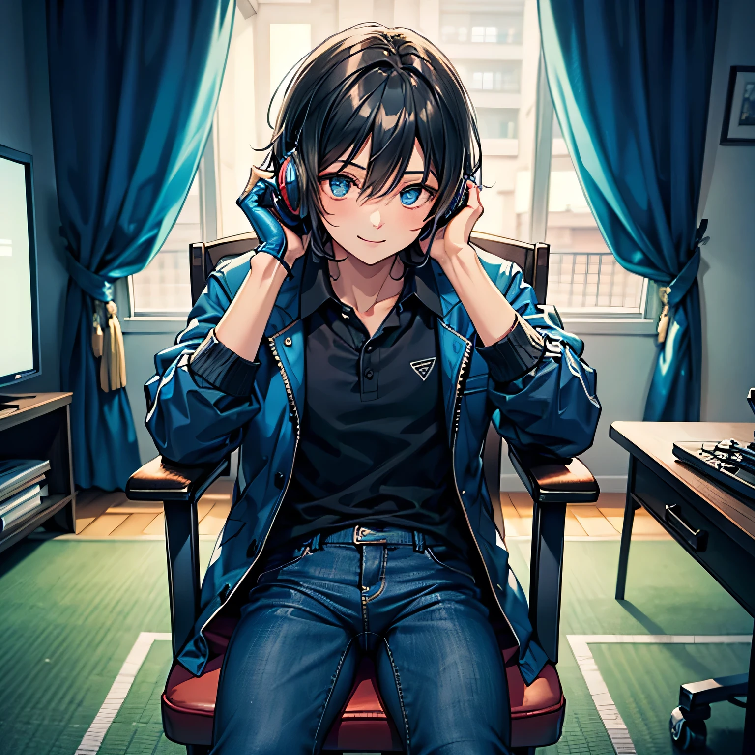 
 anime-style art ,  of the highest quality , high resolution,  Anatomically correct  ,a man, Twenty generations , good looking , short hair,  hair under eyes ,  black hair , A kind smile, A rich expression, large blue jacket, black polo shirt under the jacket, blue glove, blue tennis, blue pants, headphone, quarto gamer,  seated in a gamer chair , with hand on face,  Eyes drawn in detail , 8k, 1menino, Alone.