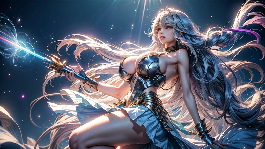 One Girl, (( very big breasts:1.3))), Long Hair , Gray Hair ,  hair fluttering in the wind,  is so cute  , slim , Petite and small , Smooth Skin ,  (Light Blue Light Purple Rainbow),It fits 、Skin is visible) ,  short skirt  ,  dynamic poses   ,  Dynamic Angle , No background  ,  watch the audience ，show full body ,  Anatomically Accurate  ,  very detailed 