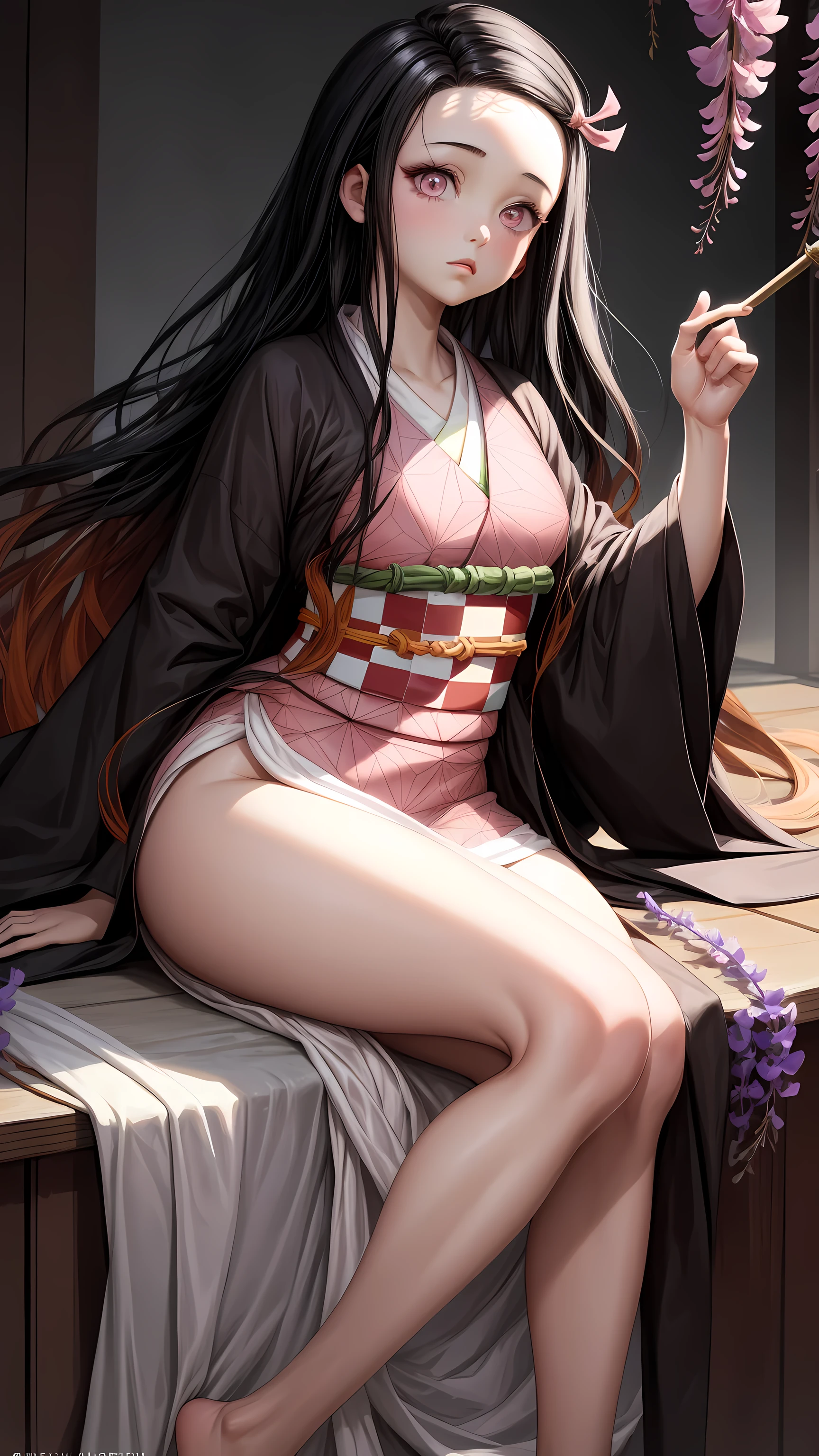 Nezukokamado, Nezuko Kamado, bamboo, (bit gag:1.5), black hair, (forehead:1.5), gag, gagged, hair ribbon, hairlong, multi-colored hair, (pink eyes:1.5), orange hair, slit pupils, Wavy Hair, two tone hair, BREAK asa does not have (Pattern), checkered sash, haori, japanese clothes, kimono, long sleeves, obi, pink kimono, sash, wariza, wide sleeves, stands with your back to the viewer, seen from behind, ass, shows the slaughterer BREAK looks at the viewer, BREAKTHROUGH in the room, BREAK (Masterpiece:1.2), Best Quality, High Resolution, Unity 8k壁纸, (illustartion:0.8), (beautiful detail eyes:1.6), extremely detailed face, perfect lighting, extremely detailed CGI, (perfect arms, perfect anatomy),