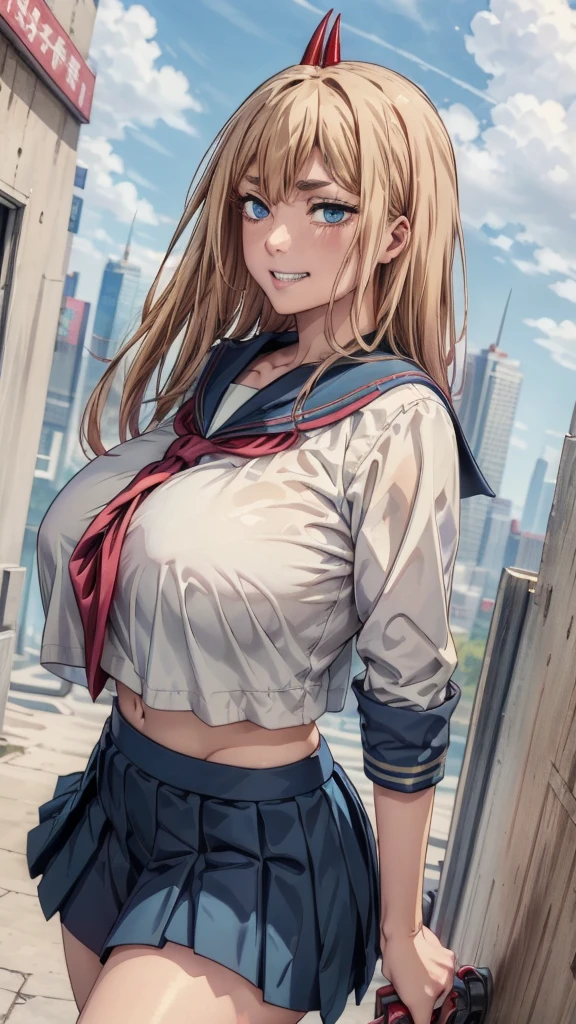 ((Best Quality、8k、masterpiece：1.5)))、((Summer sailor uniform、 blue pleated skirt ))、 cowboy shot 、Blonde、Big Breasts、Blue Eyes、、Smug face、、((universe、 Cyberpunk、blue sky、Future City))、tits、Horns on the head、Jagged teeth、Power_ Chainsaw Man