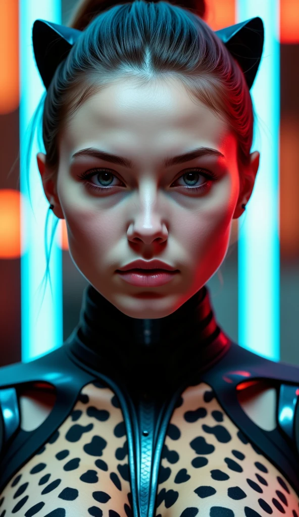 a cheetah cyborg woman, detailed portrait, beautiful detailed eyes, beautiful detailed lips, extremely detailed face and skin, long eyelashes, cinematic lighting, dramatic atmosphere, cheetah print bodysuit, futuristic cyberpunk style, intricate mechanical details, glowing neon accents, photorealistic, 8k, ultra-detailed, masterpiece, concept art, hyper realistic