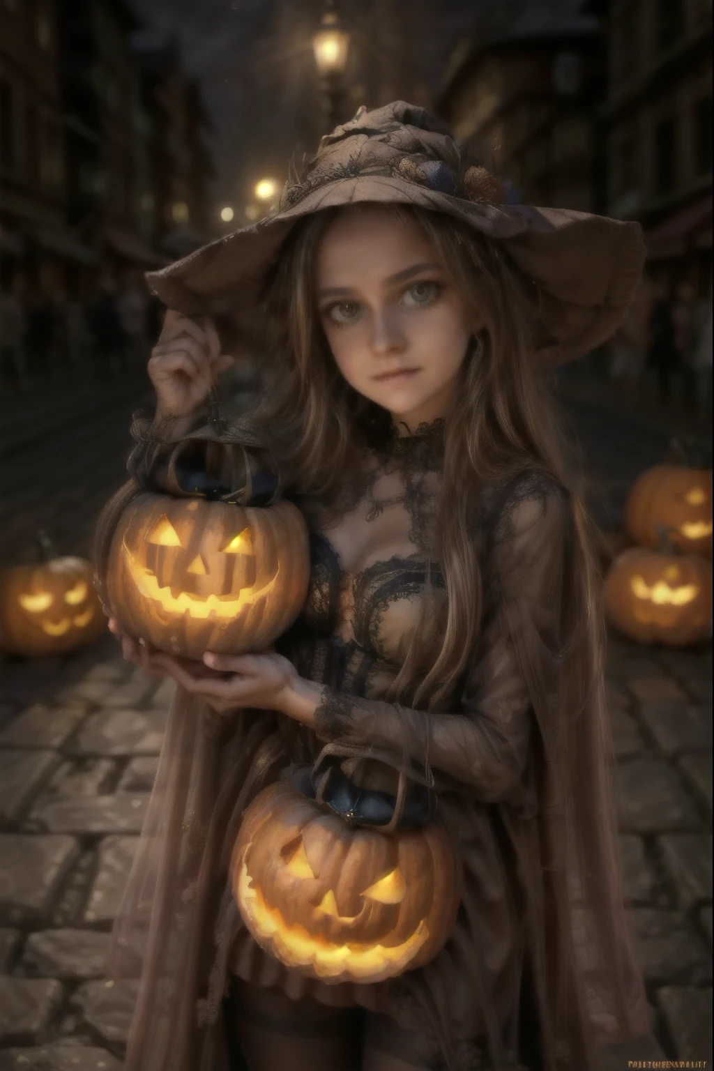 
A cute pumpkin queen, highly detailed face, beautiful detailed eyes, beautiful detailed lips, extremely detailed face, long eyelashes, pumpkin costume, pumpkin followers holding lanterns, city street at night, skyscrapers, street lamps, moon, fog, spooky atmosphere, cinematic lighting, vibrant colors, 8k, photorealistic, concept art. european pumpkin queen, cute pumpkin queen