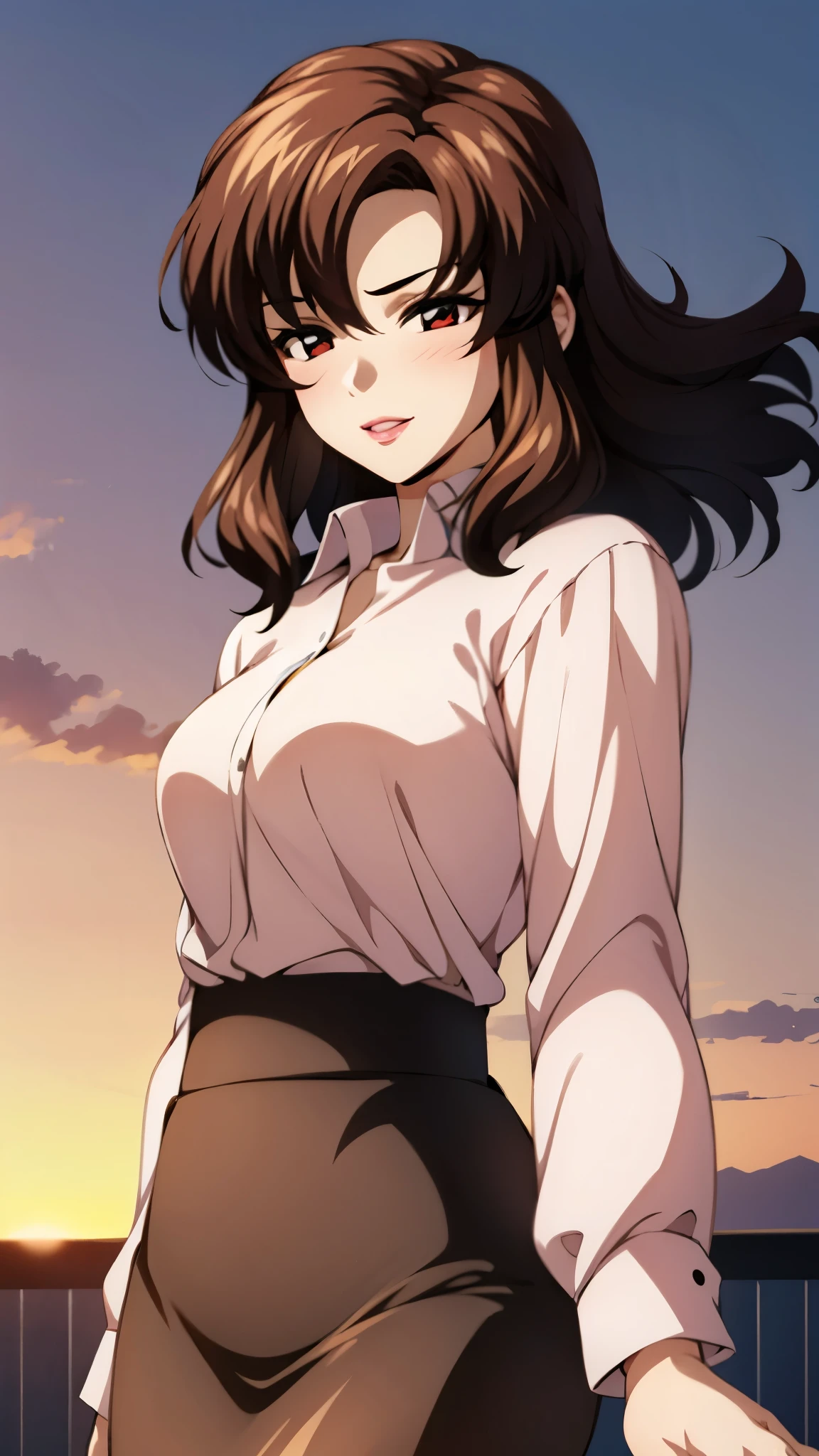 （super high quality, super high resolution ,16k,super masterpiece,Ultra HD ,Detailed shading and background,）Shooting from below,One sexy mature woman,（Long-sleeved pink shirt unbuttoned and unfolded, red pencil skirt,）smile,Thick lips,blush,Sky background with a view of the sunset,Hair lifted by the wind,Hold your hair with one hand,